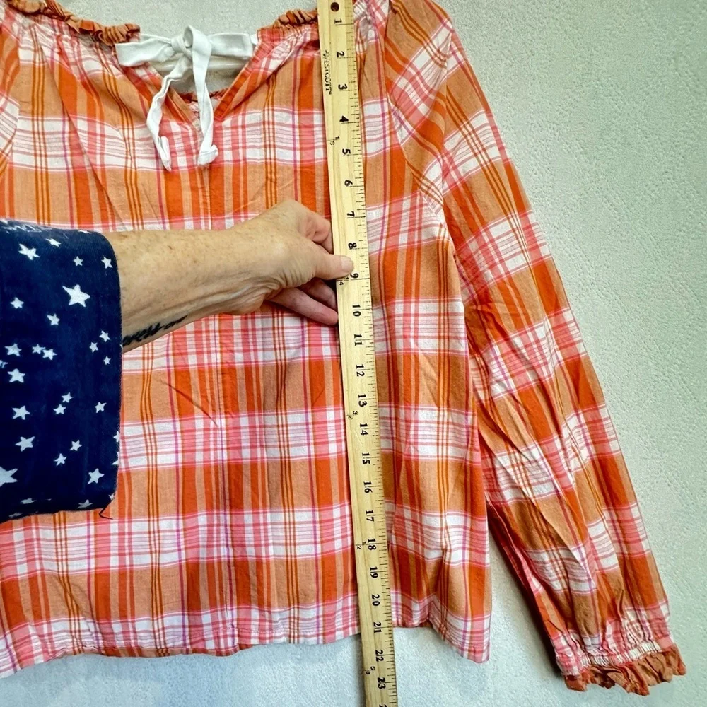 J. Crew Orange Madras Plaid Ruffle Tie-Back Cotton Gauzy Top Sz M Preppy Prep